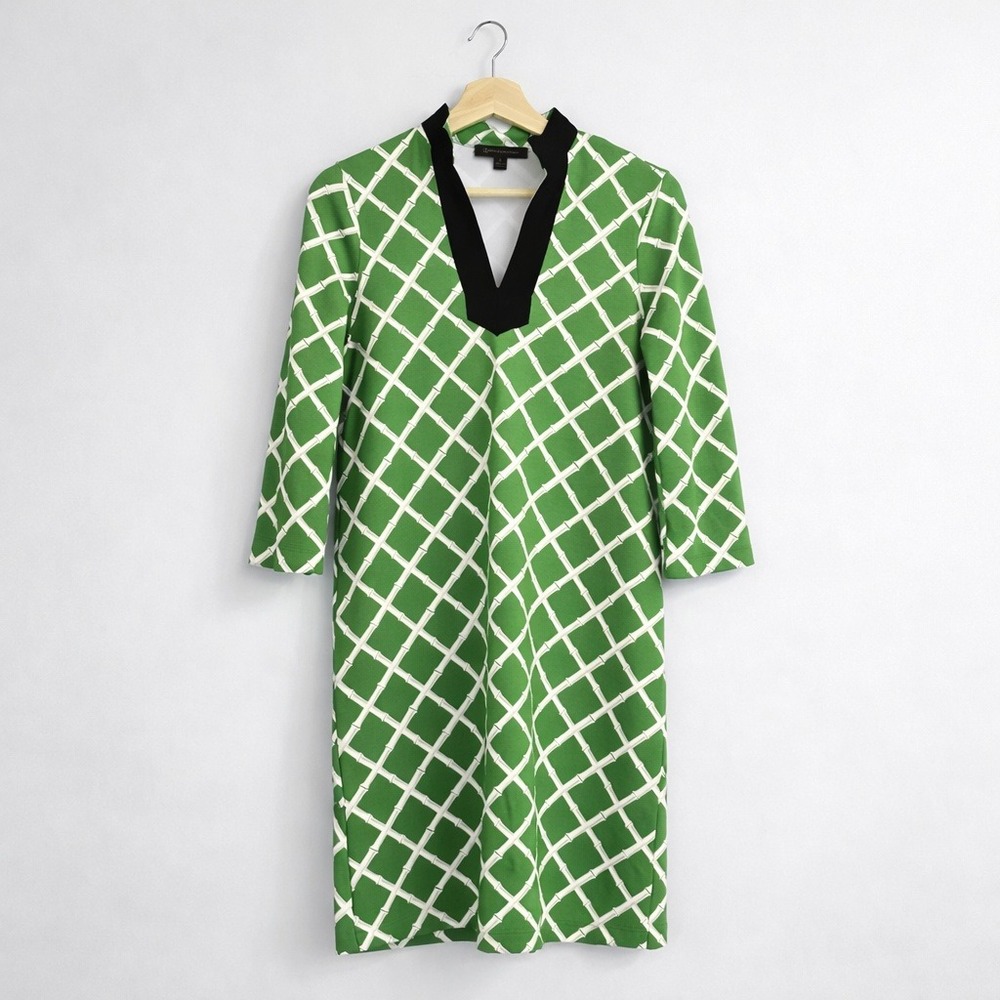 Brooks Brothers Green Lattice Print Dress 3/4 Slve Cotton Preppy Classic Resort